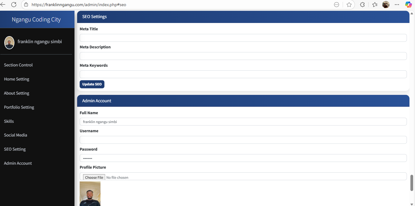 I built this portfolio using PHP and MySQL as a relational database.  Test Password: sephor05, Test gmail : simbingangu@gmail.com 